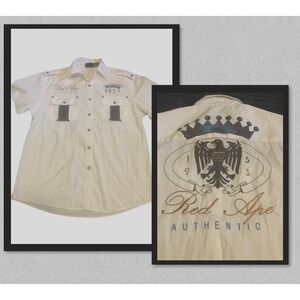 Red Ape Authentic Mens Short Sleeve Button Down White Graphic Shirt Eagle Crown
